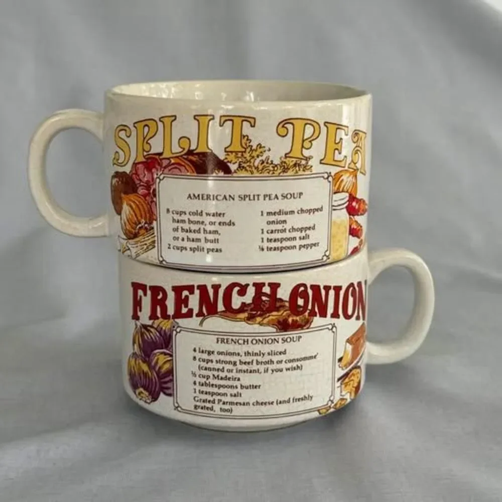 Vintage Recipe Soup Mugs - Set of 2 Split Pea French Onion